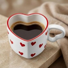 Mabeyn Seramik Kulplu Kupa Bardak, 250 ml Geniş Kapasite, Kırmızı Kalp Desenli Tasarım, Ev Ofis Restoran Için Kullanıma Uygun El Yapımı Seramik Kulplu Çay Kahve Espresso Latte Sunum Bardağı