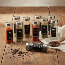 Mabeyn Deconox 12’li Metal Kapaklı Cam Baharatlık Seti, 80ML, 110ML ve 170ML Boyut Seçenekli, Etiket Hediyeli Silindir Baharat Takımı, Modern Mutfak Düzenleyici Kavanoz Seti (170ML- 12 Adet)