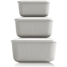 Mabeyn Line Dikdörtgen Saklama Kabı Seti, Plastik, Düz Kapaklı, 3 Parça, 10,5X14X7 Cm, 12,5X17X8,5 Cm, 14,5X20X10 cm (Krem)
