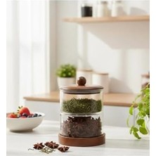 Mabeyn Amberhaus 2 Katlı Akasya Kapaklı ve Tabanlı Cam Şekerlik - Kule Tipi Şeffaf Lokumluk ve Drajelik - Kahve Yanı Ikramlık Sunum Kasesi (2X200 Ml)