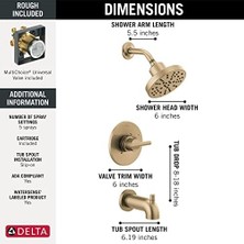 Mabeyn Nicoli 14 Serisi Tek Kulplu Küvet ve Duş Seti, 5 Püskürtme H2OKINETIK Duş Başlıklı Duş Bataryası, Şampanya Bronz 144749-CZ (Duş Vanası Dahil)