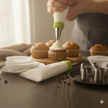 Mabeyn Krema Sıkma Torbası Seti (9 Çelik Uç + 100'LÜ Renkli Muffin Kağıdı) – Pasta Süsleme ve Cupcake Yapımı Için Pratik Set