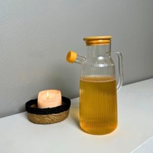 Mabeyn Borosilikat Cam Yağdanlık 1000 ml Bambu Kapaklı Yağ Sürahisi, Yağ ve Sirke Kabı