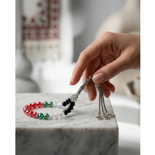 Filistin Bayrak Tasarımlı Kristal Taşlarlı El Yapımı Gümüş Imame Tespih 33'lü A300053