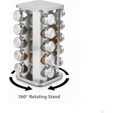 Mabeyn 20’li Kare Metal Döner Baharatlık Seti – 360° Dönebilen Paslanmaz Çelik Stand, Cam Baharat Kavanozları, Modern Tezgah Üstü Baharat Düzenleyici