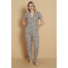 Wordex Mrn 9509 Leopar Desenli Pegasus Kumaş Düğmeli Kısa Kolu Kadın Pijama Takımı