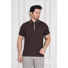 Erkek Jeuss Oysho Kumaş Fermuarlı Yakalı Kahverengi Tshirt