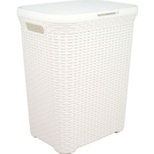 Saban Beyaz Plastik Kapaklı Çamaşır Sepeti 78 LT Hasır Desenli Fonksiyonel 55x43x33cm