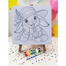 Nostaljik Lezzetler Şapkalı Tavşan Tuval Boyama Aktivite Seti 19X19 cm (Tuval, Şövale, Fırça ve 6 Renk Akrilik Boya Seti)
