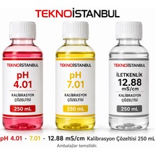Tekno İstanbul pH 4.01 - 7.01 - 12.88 mS/cm İletkenlik Kalibrasyon Çözeltisi (250 mL Set)