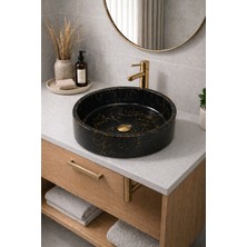 Taş Atölyesi Mermer Desenli Tezgah Üstü Yuvarlak Çanak Taş Lavabo 45 cm