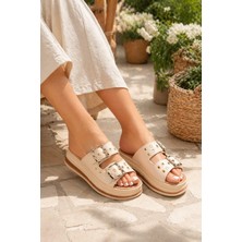 ModaOnn Kadın  Gold Tokalı Etnik Dokunuşlu Bohem Platform Terlik