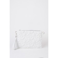 Vivaq Kadın Beyaz Yıldız Nakışlı Suni Deri Bilek ve Zincir Askılı Portföy El ve Clutch Çanta