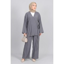 Gri Norshen Kadın Bağlamalı Kimono & Bol Paça Pantolon - Takım