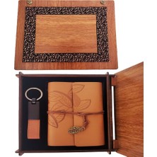Elwes Ahşap Kutulu Taba Renk Deri Defter Anahtarlık Set