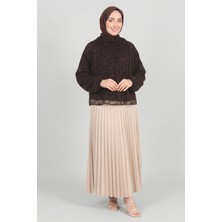 Kahverengi Norshen Kadın Dantel Desen Yaka Fularlı Bluz-Astarlı