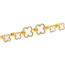 Axxion 6’lı Yonca Desenli Çelik Küpe Seti Beyaz Detay Gold Renk Paslanmaz Kararmaz Minimal Şık Kadın Küpe