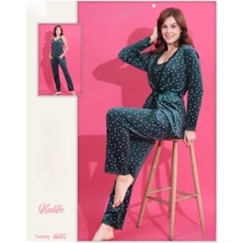 Modella Life Kadife Dantel Detaylı  Desenli 3'lü Sabahlıklı Pijama Takımı
