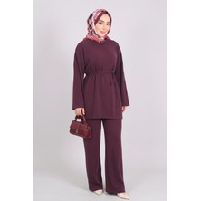 Bordo Norshen Kadın Belden Bağlama Detaylı Tunik & Bol Paça Pantolon - Takım