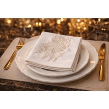 Gold Taşlı Keten Peçete 34X34 cm – Söz Nişan Masa Peçetesi, Davet Sofrası, Işlemeli Çeyizlik Peçete