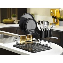 Enyaza Home Banyo Ömür Boyu Paslanmaz Siyah Bulaşık Süzgeci Iki Katlı Tabaklık Bulaşıklık Termo Plastik Kaplama