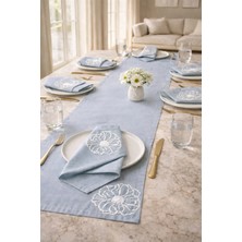 Mavi Kabartma Çiçek Desenli Runner 140X40 & 6’lı Peçete Seti 38X38 Premium Masa Takımı