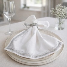 Silver Taş Detaylı 6’lı Beyaz Peçete 34X34 cm – Nişan & Davet Sofrası Premium Servis Peçetesi