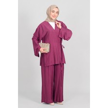 Bordo Norshen Kadın Bağlamalı Kimono & Bol Paça Pantolon - Takım