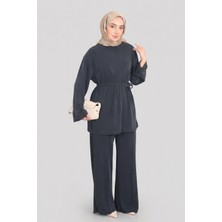 Siyah Norshen Kadın Belden Bağlama Detaylı Tunik & Bol Paça Pantolon - Takım