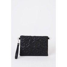 Vivaq Kadın Siyah Yıldız Nakışlı Suni Deri Bilek ve Zincir Askılı Portföy El ve Clutch Çanta