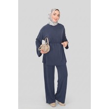 Lacivert Norshen Kadın Belden Bağlama Detaylı Tunik & Bol Paça Pantolon - Takım
