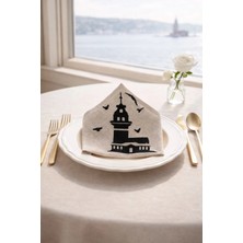 6 Lı Kızkulesi Desenli Kadife Dokulu Keten Bej Peçete– 34X34 cm Davet Sofrası Masa Peçetesi Seti