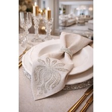6’lı Lotus Güneş Parıltısı Taş Işlemeli - Bej Keten Peçete – 34X34 cm Davet Sofrası Masa Peçetesi