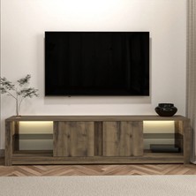 İnarch Dizayn Aydos LED Işıklı Modern TV Sehpası – Cam Raflı, 2 Kapaklı, 180 cm, Antik Ceviz