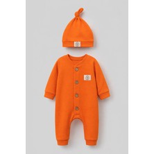 Bubito Unisex Tahta Düğme Görselli Şapkalı Waffle Bebek Tulum - Turuncu