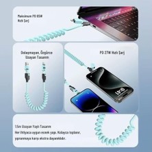 Enyaza Home 4’ü 1 Arada 65W Yaylı Hızlı Şarj Kablosu Type-C & Lightning Pd Destekli, Dolaşmaz Spiral Tasarım, 1.5m Uzayabilir, Araç & Ev Uyumlu Şarj ve Veri Kablosu