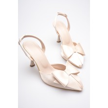 Zerenyus Dublin Premium Bej Fiyonklu Saten Slingback Topuklu Ayakkabı