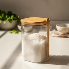 Enyaza Home Deconox Bambu Kapaklı ve Kaşıklı Kare Cam Kavanoz – 1200ML Vakumlu Erzak ve Bakliyat Saklama Kabı, Hava Almayan Kahve, Tuz ve Şeker Organizeri (Kaşık Bölmeli)