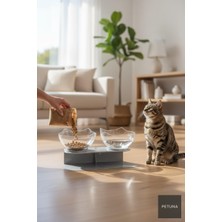 Petuna Iki Hazneli Kedi Kafalı Gri Standlı Kedi Mama ve Su Kabı 350 ml