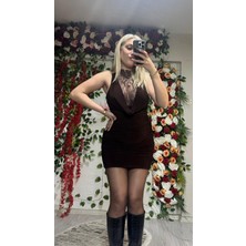 Yerteks Dantel Detay Drapeli Mini Elbise