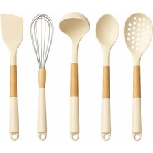 Enyaza Home Silikon Mutfak Pişirme Gereçleri Seti, 5 Parça Yapışmaz Mutfak Gereçleri Seti Ahşap Saplı Spatula Seti Isıya Dayanıklı Silikon Tencere Mutfak Gereçleri (Beyaz)