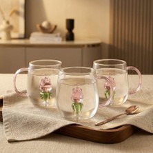 Enyaza Home Borosilikat Cam Bardak, 300 ml Geniş Kapasite, Isıya Dayanıklı Yapı, Laleli Tasarım, Ev Ofis Restoran Için Kullanıma Uygun Borosilikat Laleli Cam Çay Kahve Espresso Latte Sunum Bardağı