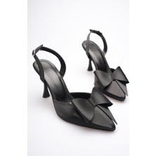 Zerenyus Dublin Premium Siyah Fiyonklu Saten Slingback Topuklu Ayakkabı