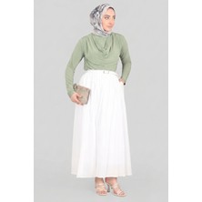 Beyaz Norshen Kadın Kemer Detaylı Dökümlü Etek - Astarlı