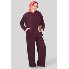 Bordo Norshen Kadın Yandan Yırtmaç Detaylı Tunik & Bol Paça Pantolon - Takım