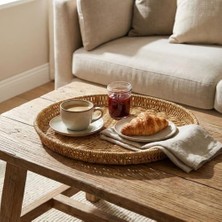 Enyaza Home Buffer 35 cm Plastik Rattan Tepsi, Hasır Görünümlü Dekoratif Servis Tepsisi, Mutfak Kahvaltı Sunum Masaüstü Organizer, Çok Amaçlı