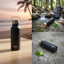 Enyaza Home Deconox Bambu Kapaklı Siyah Çelik Termos Matara - 500 ml Sızdırmaz Kilitli Mug - Doğal Ahşap Detaylı Sıcak ve Soğuk Tutan Ofis Termosu