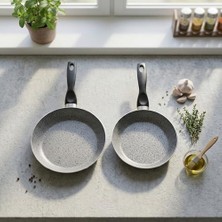 Enyaza Home Deconox Papilla Nirvana Eco 2'li Tava Seti - 16 cm ve 20 cm Gri Kırçıl Granit Efektli Yanmaz Yapışmaz Pratik Omlet ve Sos Tavası