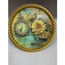 Enyaza Home Lüks Dekoratif Plastik Tepsi Altın Çerçeve 46X46 (Çiçek ve Saat Desenli)