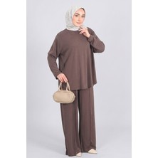 Kahverengi Norshen Kadın Yandan Yırtmaç Detaylı Tunik & Bol Paça Pantolon - Takım